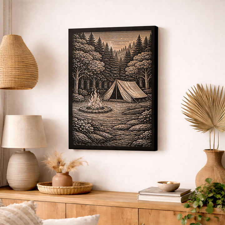 Campfire &amp; Tent in the Woods Engraved Illustration