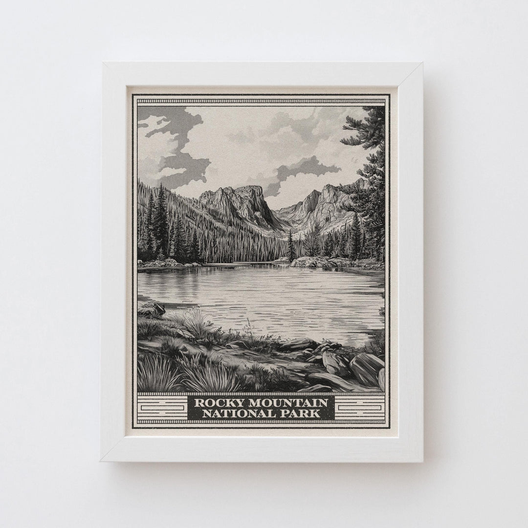 Rocky Mountain National Park Emerald Lake Lithograph Style Print - Vintage Colorado poster design, archival matte fine art print Nature gift