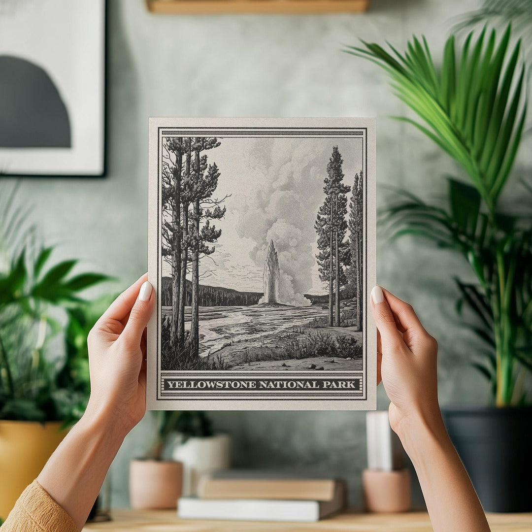 Yellowstone National Park Old Faithful Lithograph Style Print - Vintage Wyoming poster design, archival matte fine art print, Western Gift