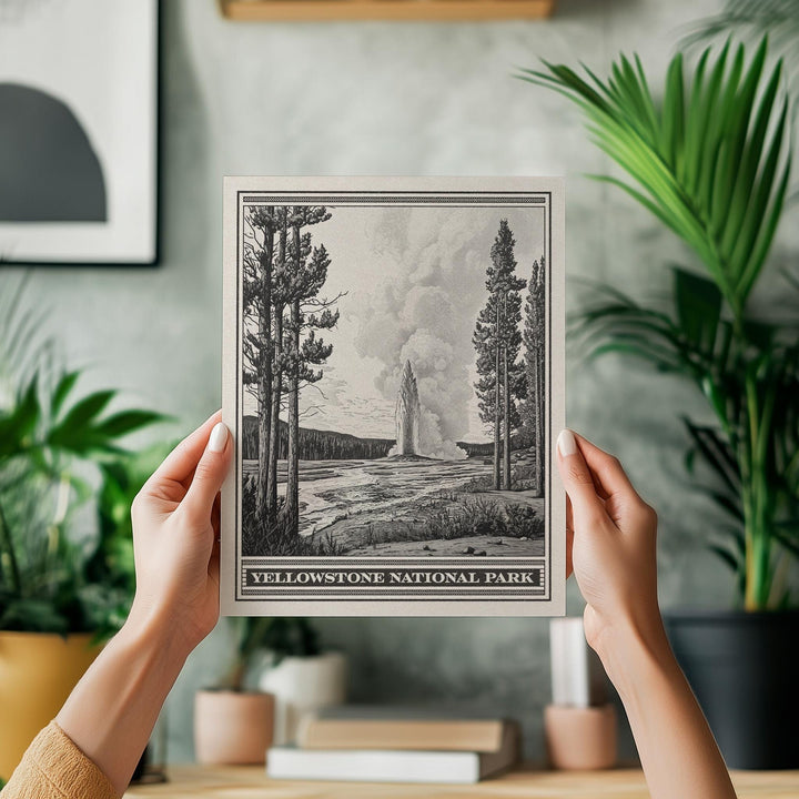 Yellowstone National Park Old Faithful Lithograph Style Print - Vintage Wyoming poster design, archival matte fine art print, Western Gift