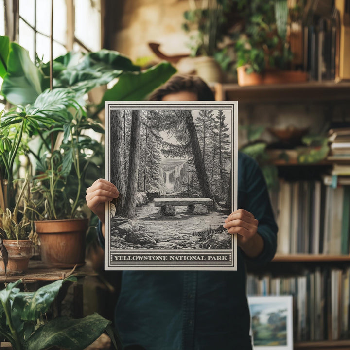 Yellowstone National Park Upper Falls Lithograph - Vintage Wyoming poster design, archival matte fine art print, Outdoorsy Waterfall Gift