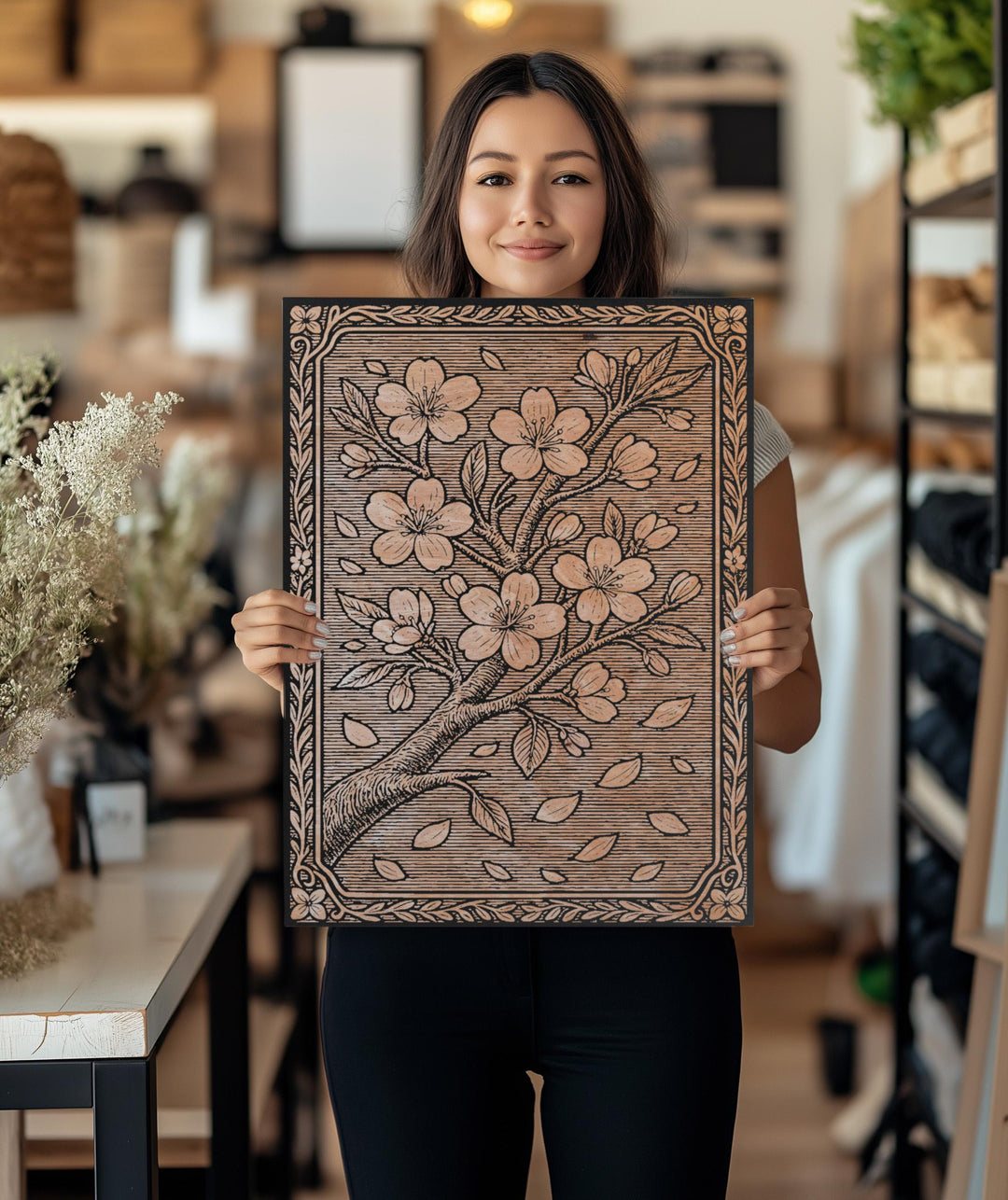 Cherry Blossom Branch Engraved Birch Illustration
