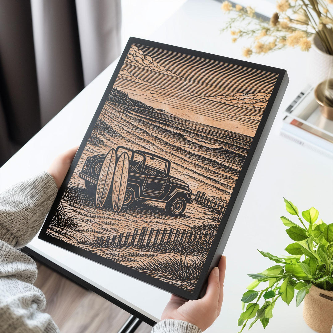 Surf SUV On the Beach Engraved Illustration
