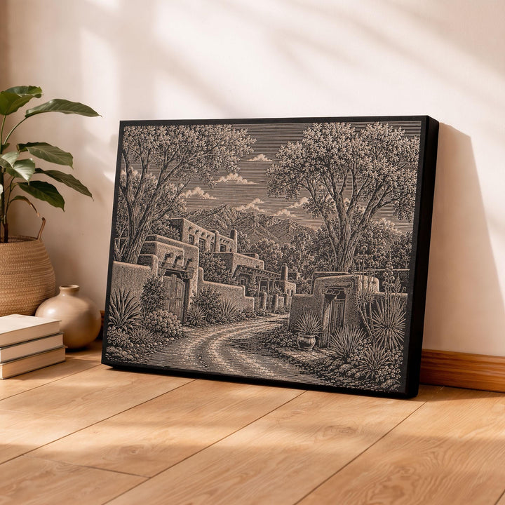 Santa Fe Adobe Lane Engraved Birch Art Panel