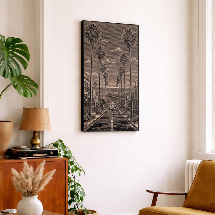 Santa Monica Palm Avenue to Pier Engraved Birch Art Panel