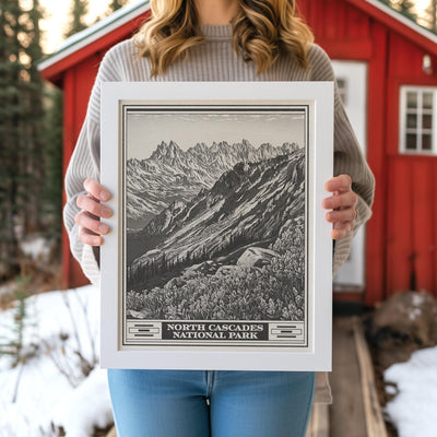 North Cascades National Park Lithograph Style Print - Vintage Washington archival matte fine art print Gift. Thunder Creek Boats dot Ross