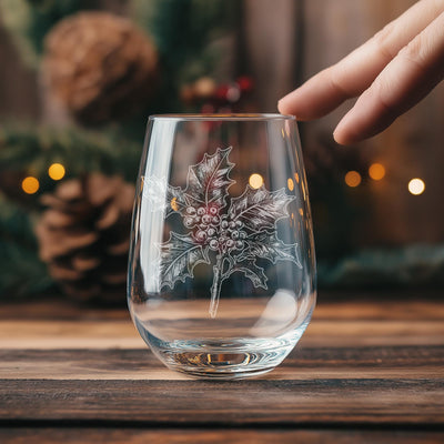 Holly and Berries Glasses | Floral Themed Whiskey, Wine & Beer Glassware, Gardner Drinkware, December Birth Month Gift, Winter Flower Gift