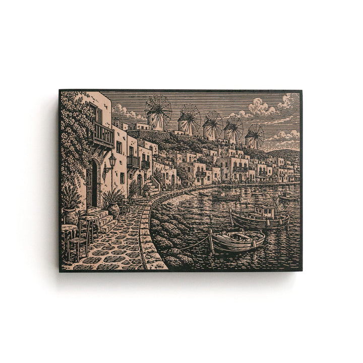Mykonos Harbor Engraved Birch Art Panel