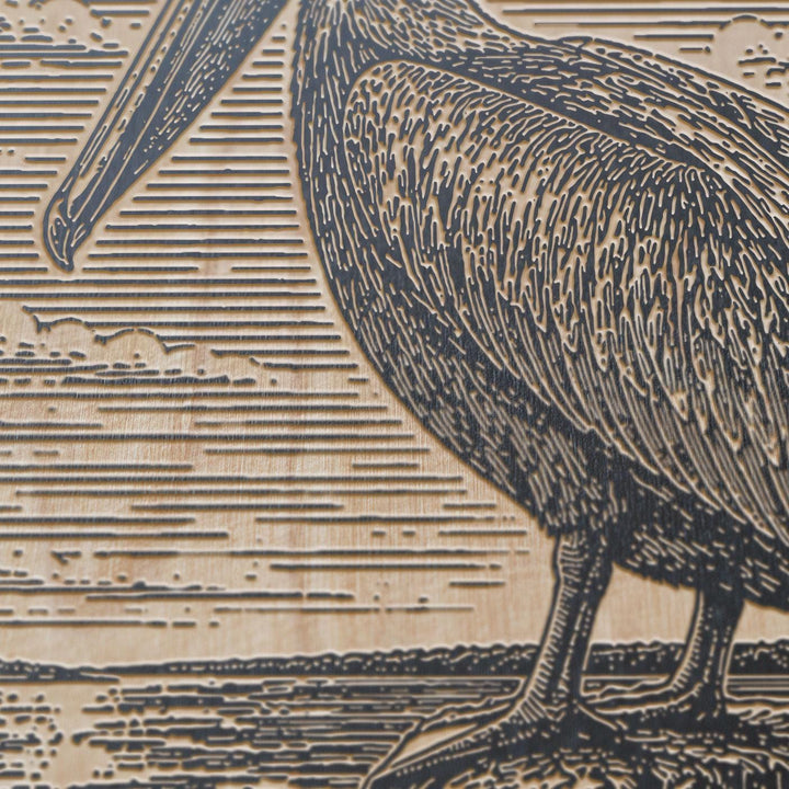 Pelican by the Seaside Dock Engraved Birch Art Panel