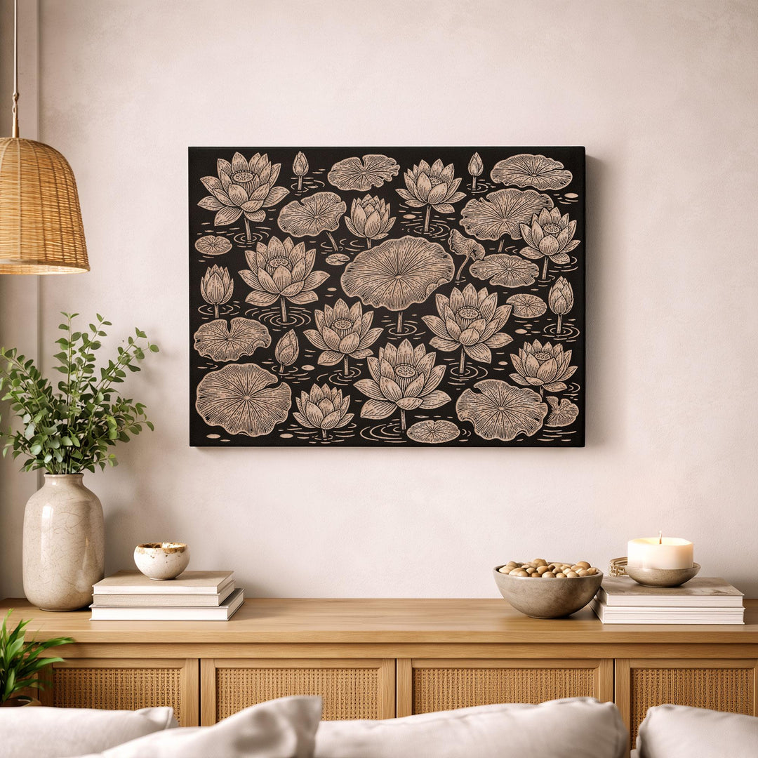 Lotus and Lily Pads Engraved Birch Art Panel