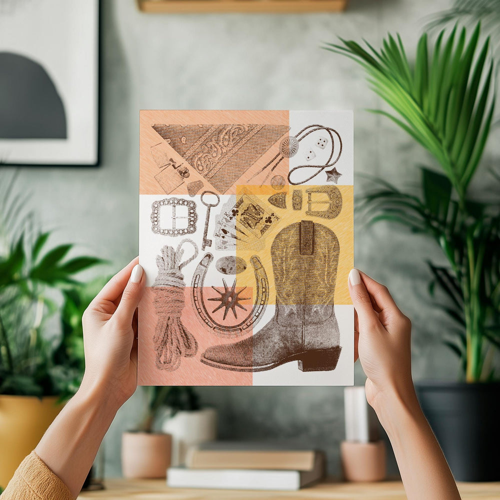 Western Flatlay Wall Art Print - Vintage poster design, archival quality matte fine art print. Risograph print, Western Cowboy gift.