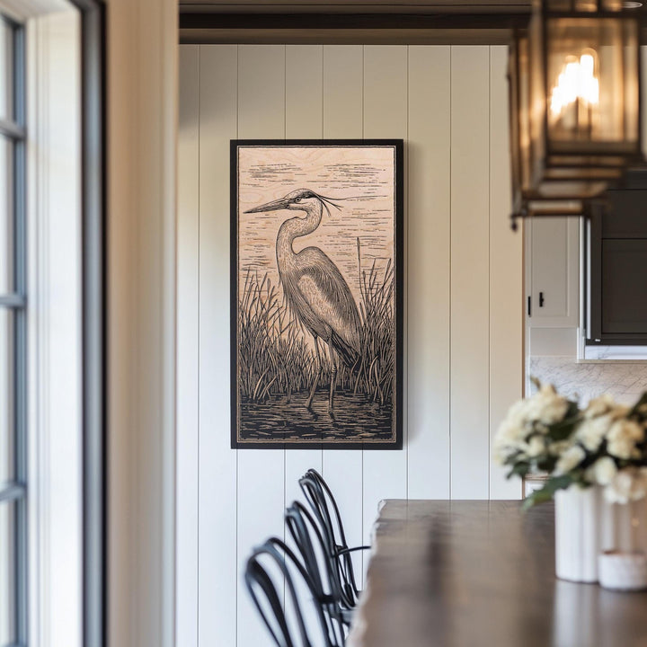 Great Blue Heron Engraved Birch Wood Panel | Block Print Inspired Bird Wall Art, Nature Lovers Illustration Print, Coastal Home Decor Gift