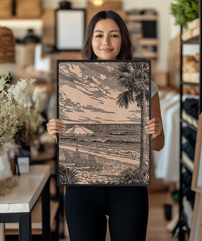 Beach Chairs & Palms Engraved Illustration