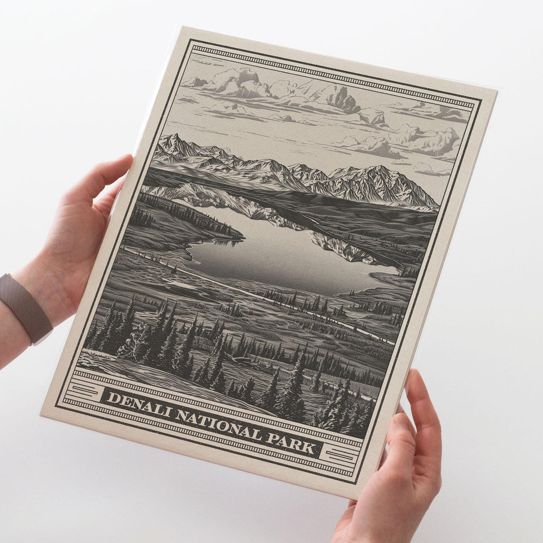 Denali National Park Lithograph Style Print - Vintage Alaska archival matte fine art print. Mount McKinley gift. Athabascan Wildlife Poster