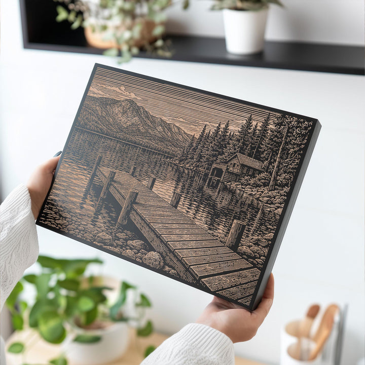 Lakeside Cabin Engraved Birch Art Panel