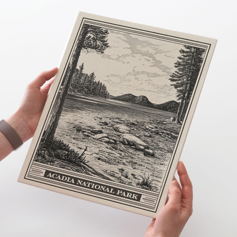 Acadia National Park Jordan Pond Lithograph Style Print - Vintage Maine New England archival matte fine art print. Mount Desert Island gift.