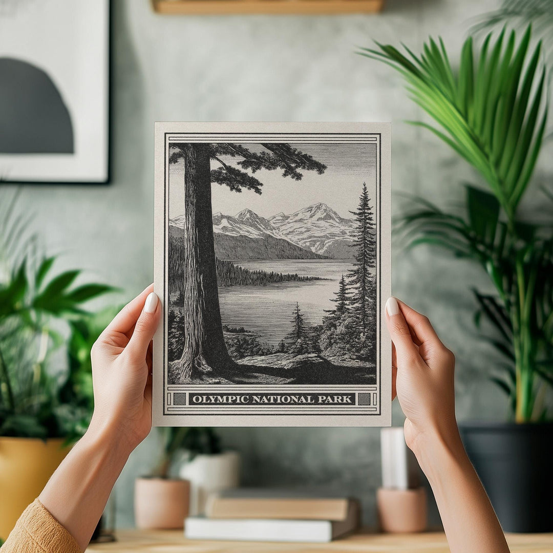 Olympic National Park Lithograph Style Print - Vintage Lake Crescent Washington archival matte fine art print. Wilderness gift for hikers.