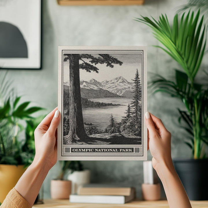 Olympic National Park Lithograph Style Print - Vintage Lake Crescent Washington archival matte fine art print. Wilderness gift for hikers.