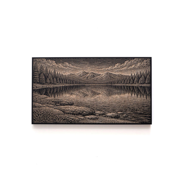 Alpine Lake Mirror Water Below the Peaks Engraved Birch Art Panel