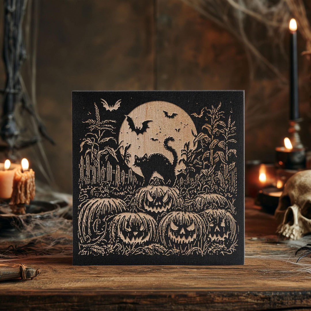 Black Cat Pumpkin Patch Engraved Birch Wood Panel