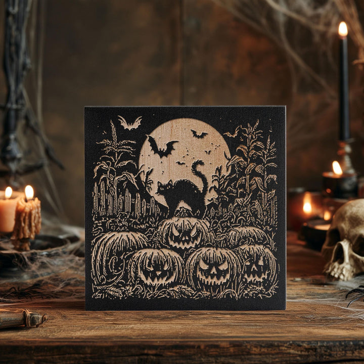 Black Cat Pumpkin Patch Engraved Birch Wood Panel