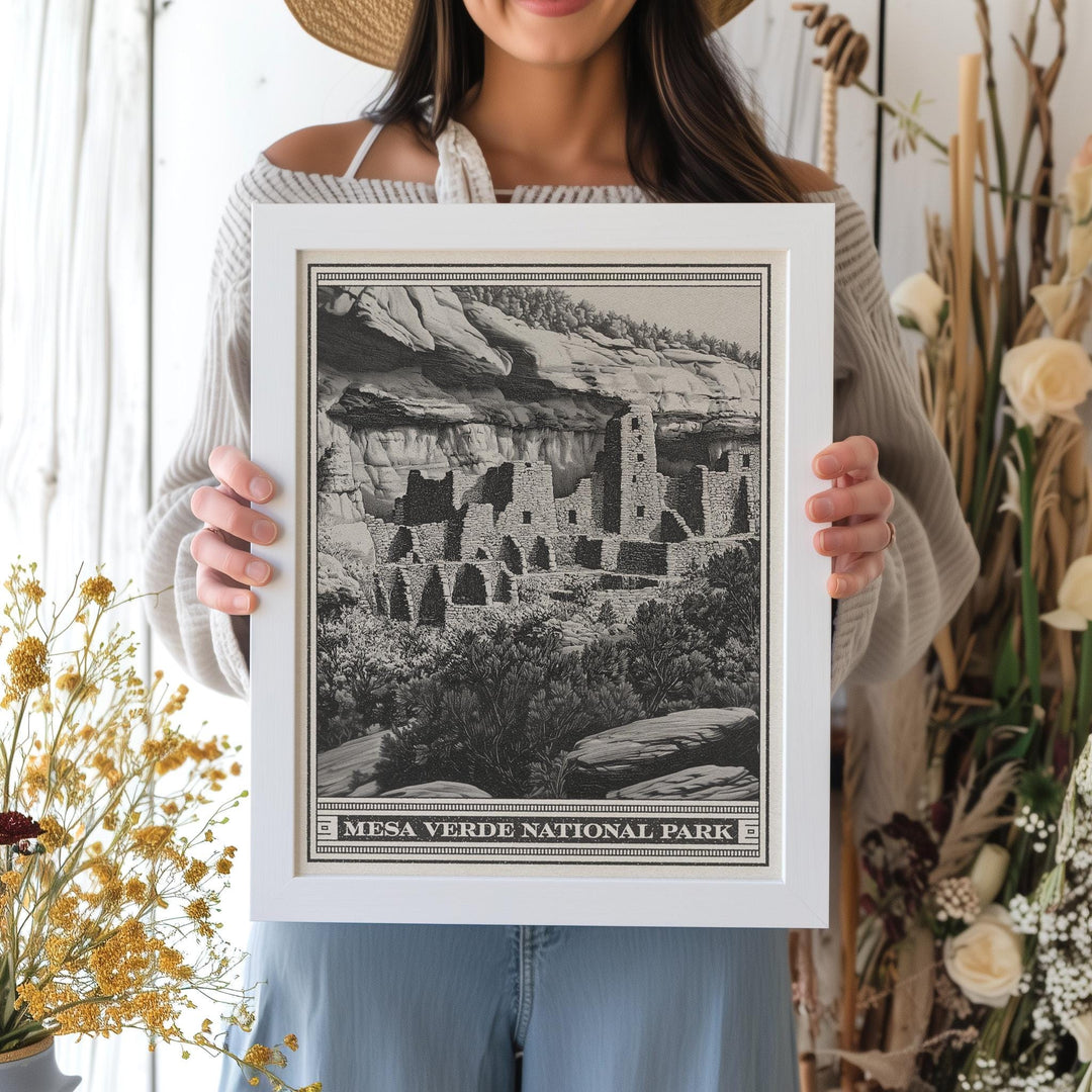 Mesa Verde National Park Lithograph Style Print - Vintage Colorado archival matte fine art print. Puebloan cliff dwellings. Western Gift