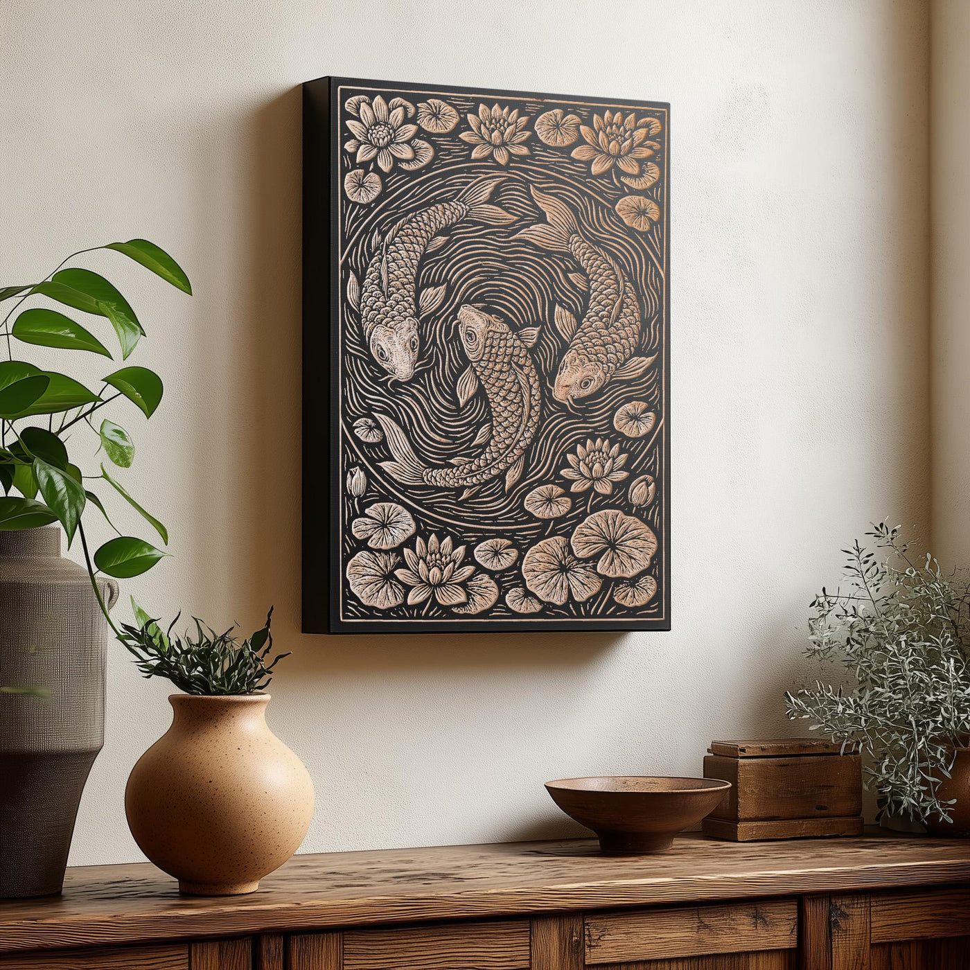 Koi Fish Engraved Birch Illustration
