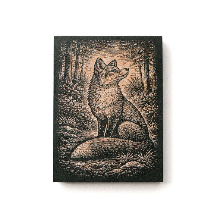 Alert Red Fox in Woodland Setting Engraved Birch Art Panel