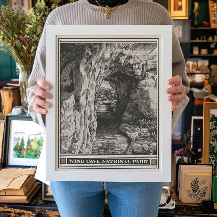 Wind Cave National Park Lithograph Style Print - Vintage South Dakota archival matte fine art print. Cave Post Office &amp; Elk Room Travel Gift