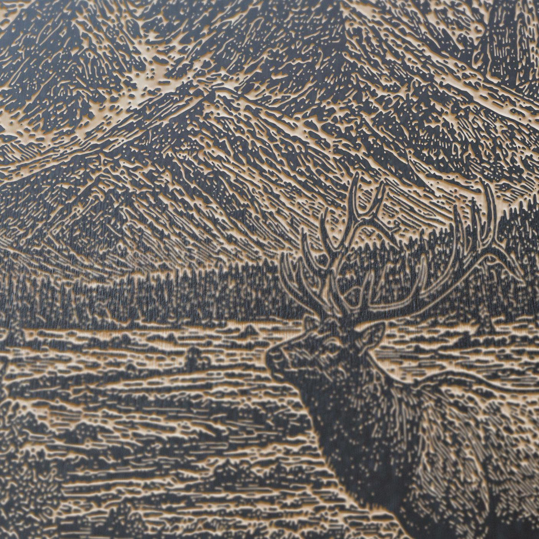 Elk In a Meadow Beneath Peaks Engraved Birch Art Panel
