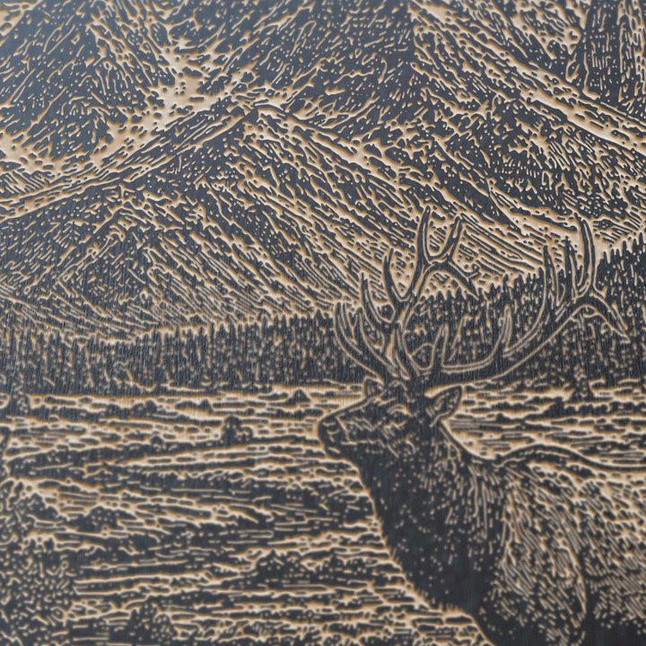 Elk In a Meadow Beneath Peaks Engraved Birch Art Panel