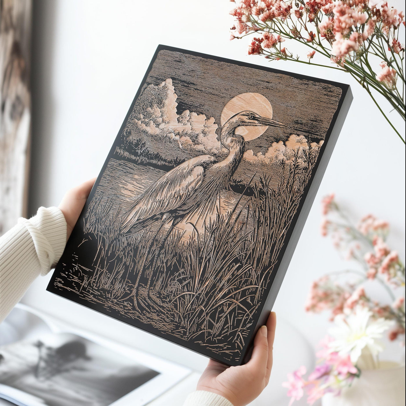 Blue Heron in Marsh Engraved Illustration