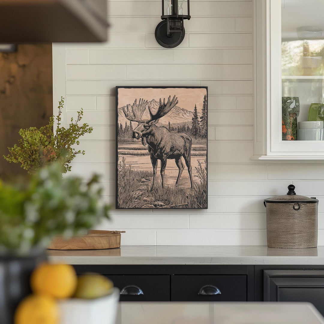 Moose in a Bog Engraved Illustration