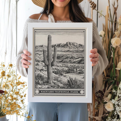 Saguaro National Park Lithograph Style Print - Vintage Arizona archival matte fine art print. Saguaro Cactus Desert Gift. Rincon Mountain.