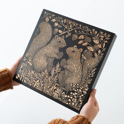 Squirrel Couple Engraved Birch Wood Panel
