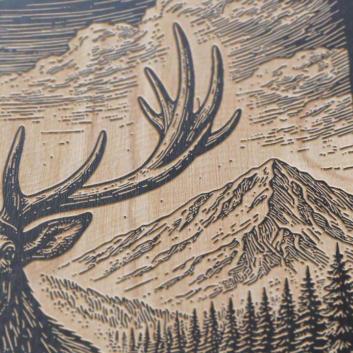 Majestic Elk in Alpine Meadow Engraved Birch Art Panel
