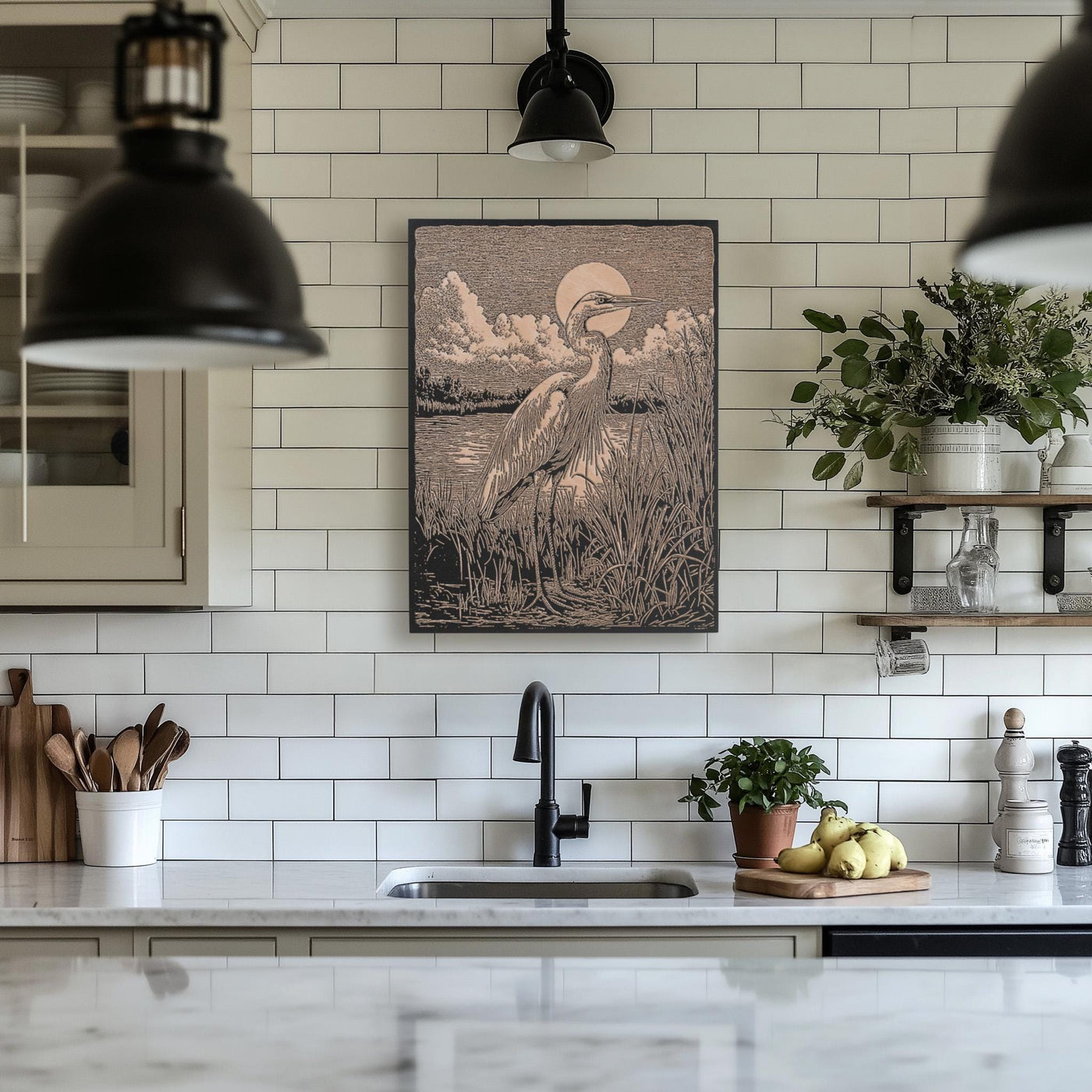 Blue Heron in Marsh Engraved Illustration