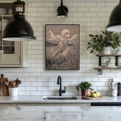 Blue Heron in Marsh Engraved Illustration
