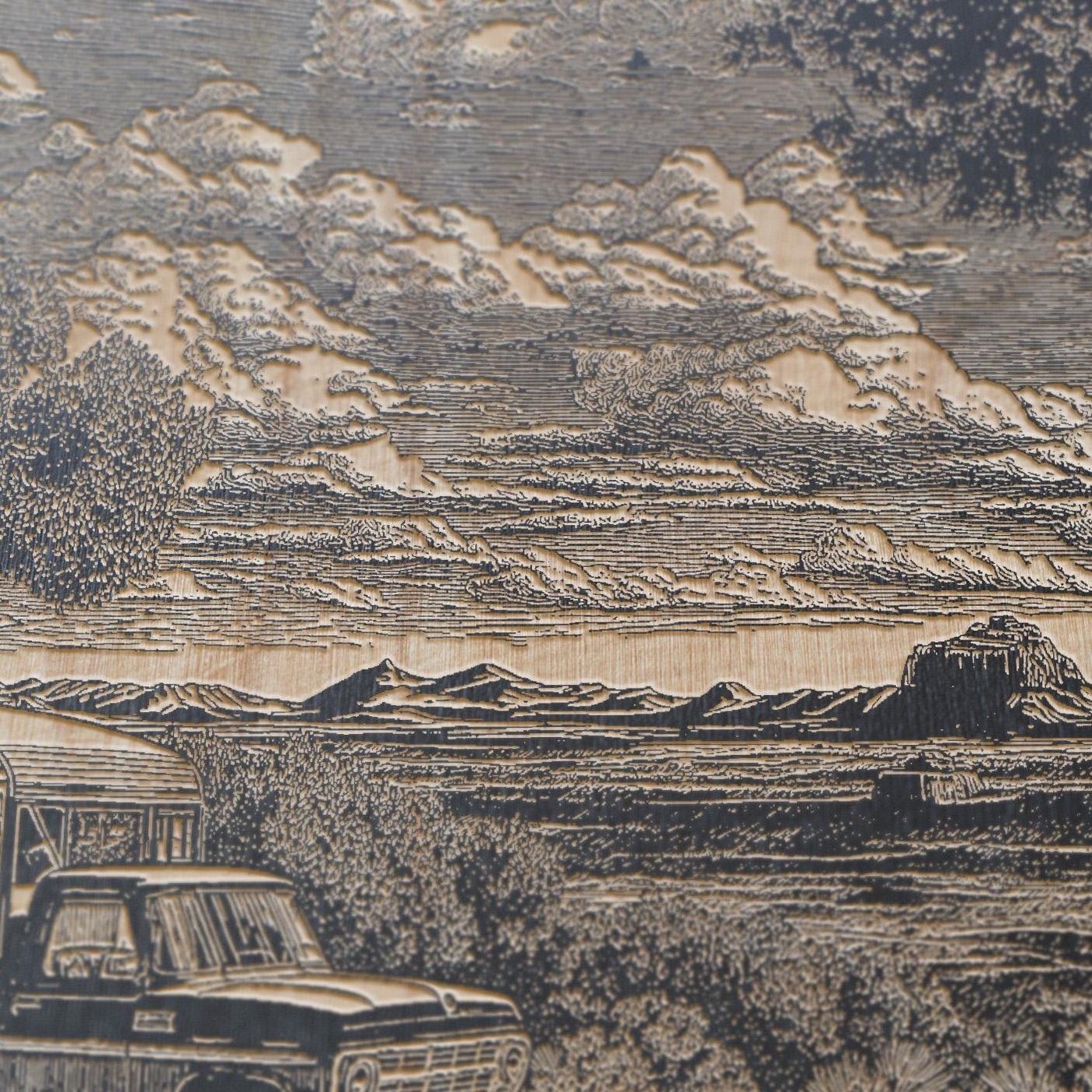 Truck Camper on a Campsite in Desert Engraved Illustration