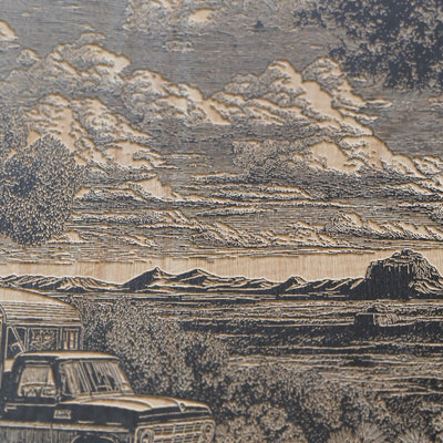 Truck Camper on a Campsite in Desert Engraved Illustration