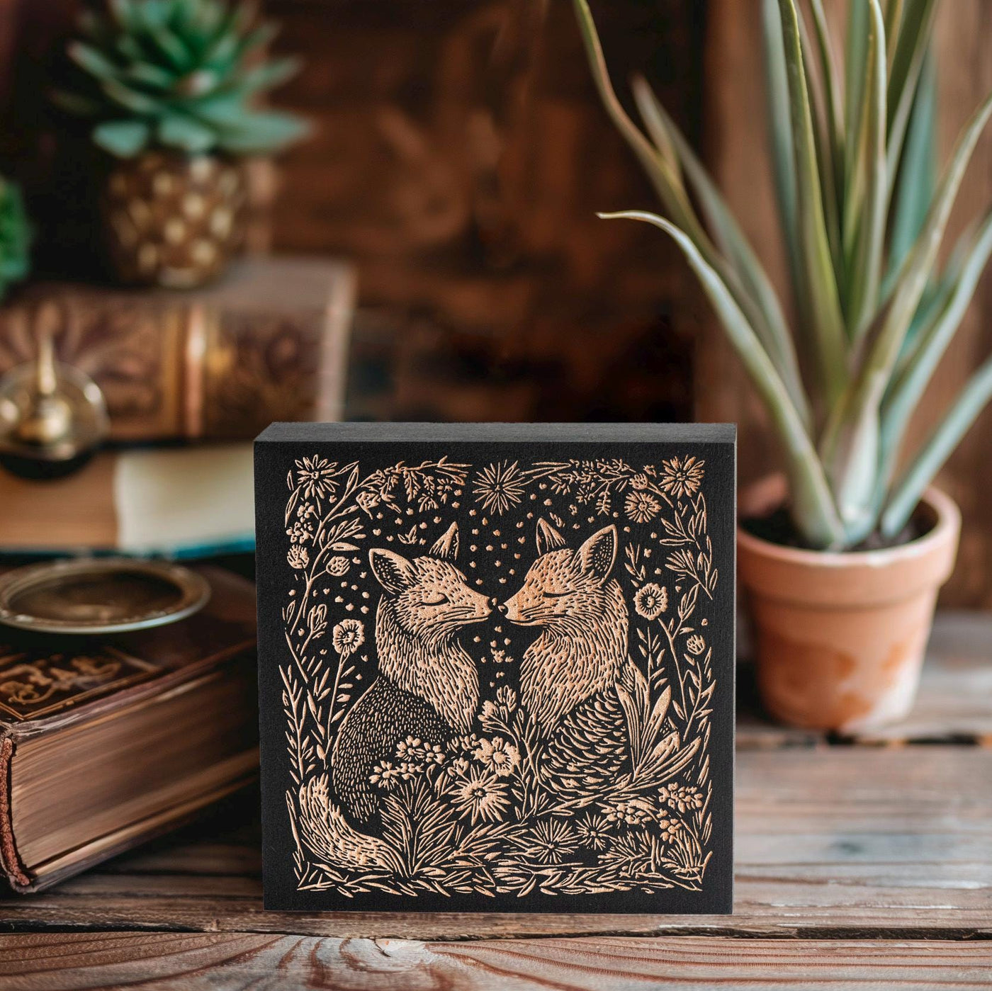 Fox Couple Engraved Birch Wood Panel