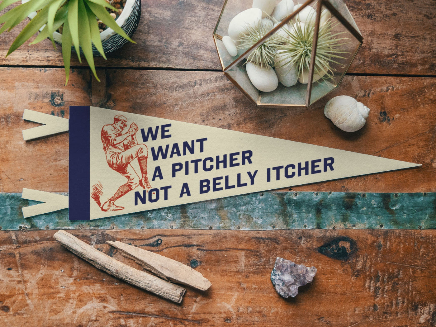 We Want A Pitcher Not a Belly Itcher Felt Pennant