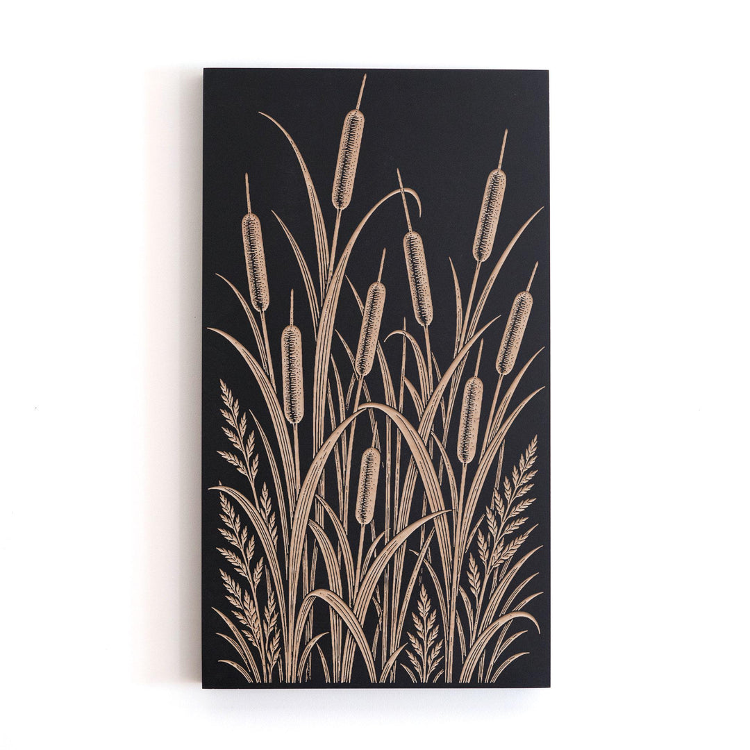 Lush Cattail Marsh Engraved Birch Art Panel