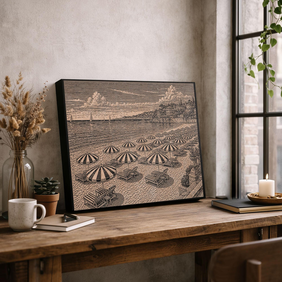 Mediterranean Beach Resort Engraved Illustration