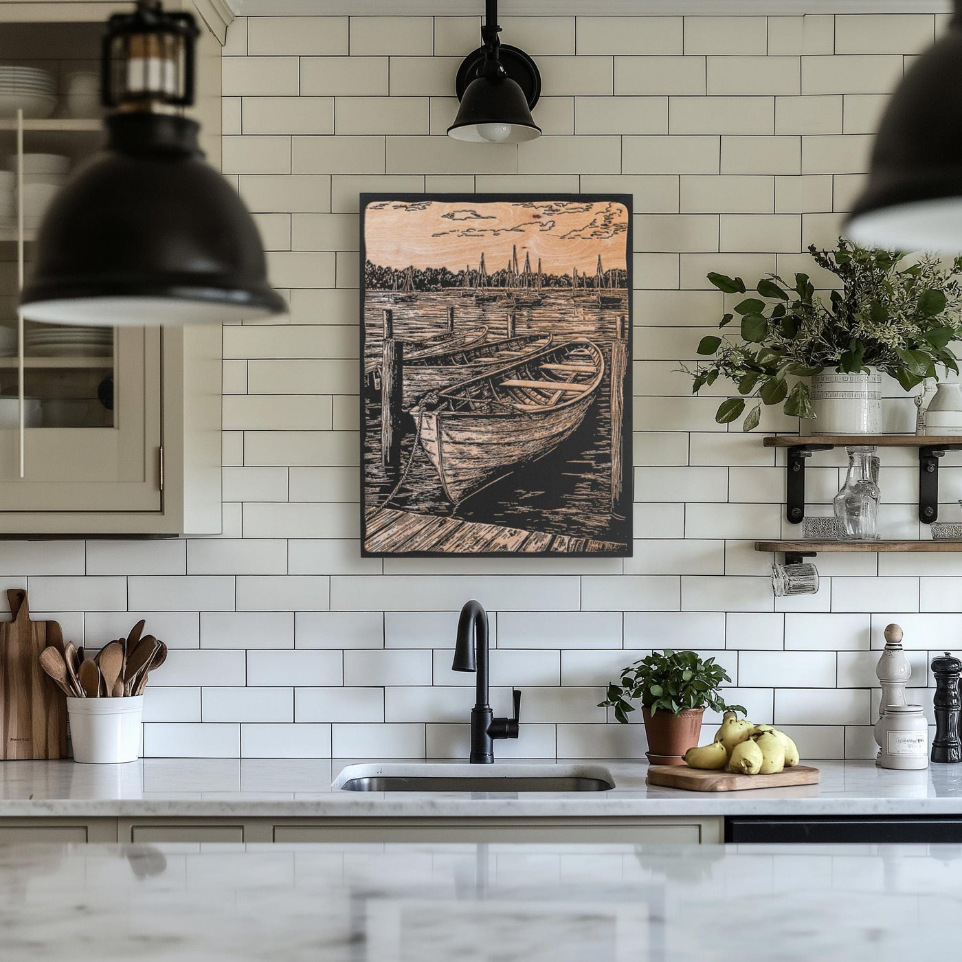 Wooden Row Boat in Marina Wall Art