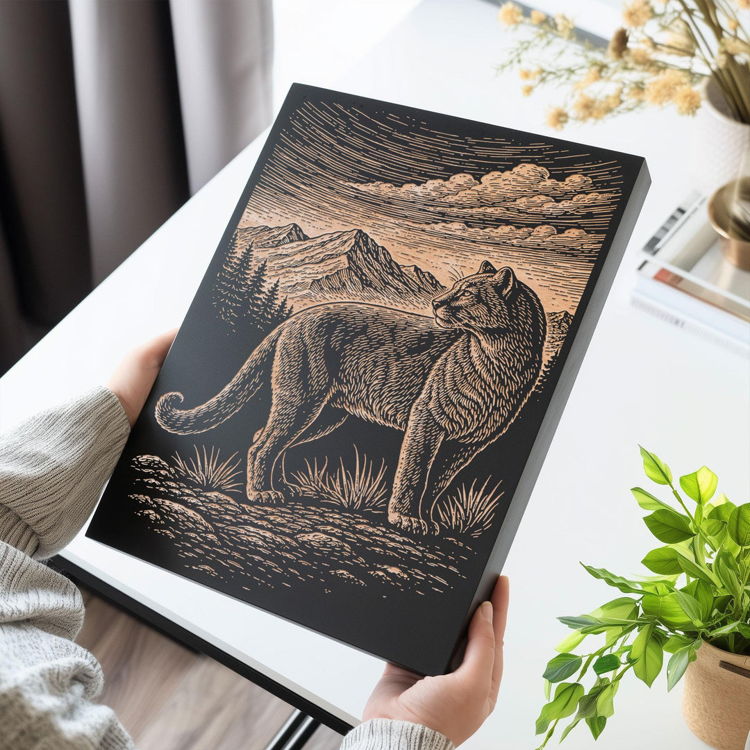 Mountain Lion in the High Country Engraved Birch Art Panel
