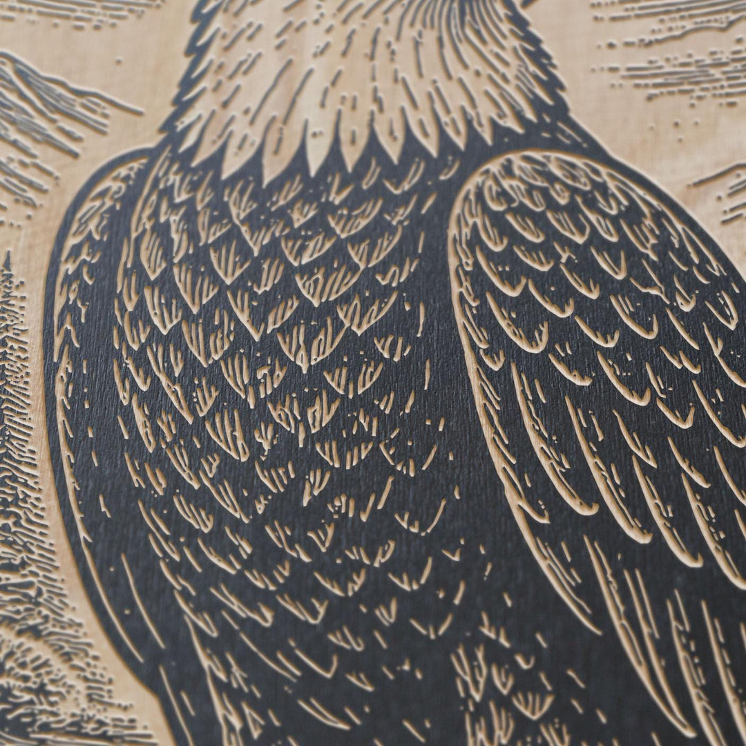 American Frontier Bald Eagle Full Perch Engraved Birch Art Panel