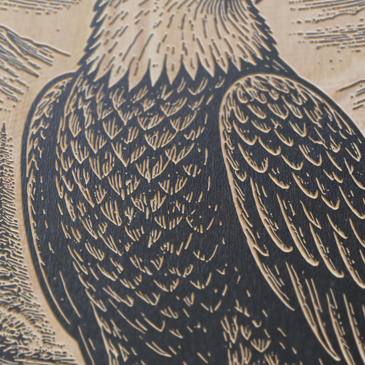 American Frontier Bald Eagle Full Perch Engraved Birch Art Panel
