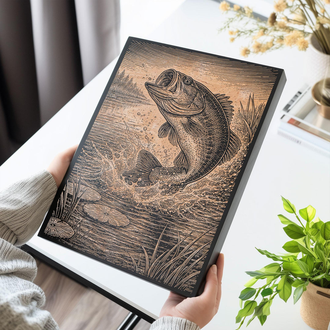 Leaping Bass Engraved Birch Art Panel