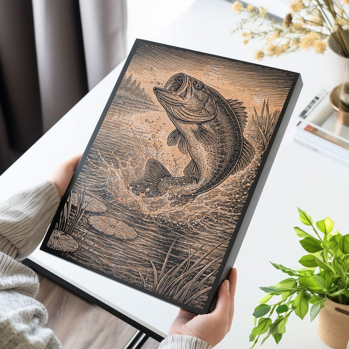 Leaping Bass Engraved Birch Art Panel